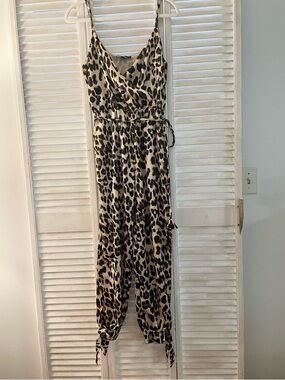 Lulu's Beige & Black Leopard Print Wrap Jumpsuit with Pockets - Size Medium